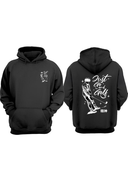 Unisex Just Go And Golf Tasarım Ön Arka Baskılı Normal Kalıp Siyah Sweatshirt