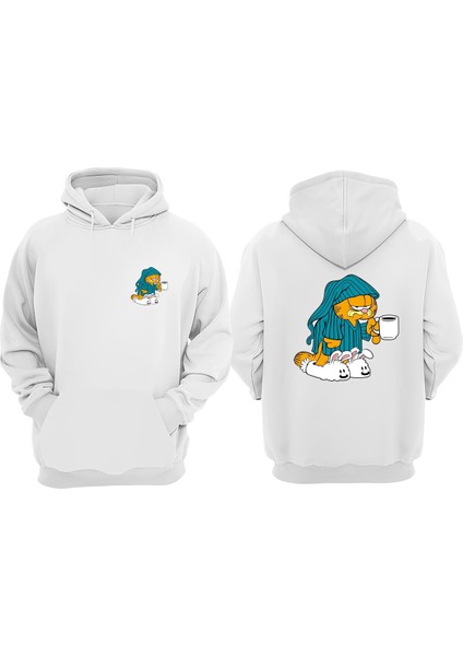 Unisex Uykusuz Garfield Tasarım Ön Arka Baskılı Normal Kalıp Beyaz Sweatshirt