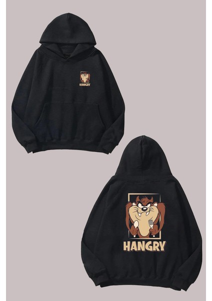 Unisex Tazmanya Canavarı Hangry Tasarım Ön Arka Baskılı Normal Kalıp Siyah Sweatshirt