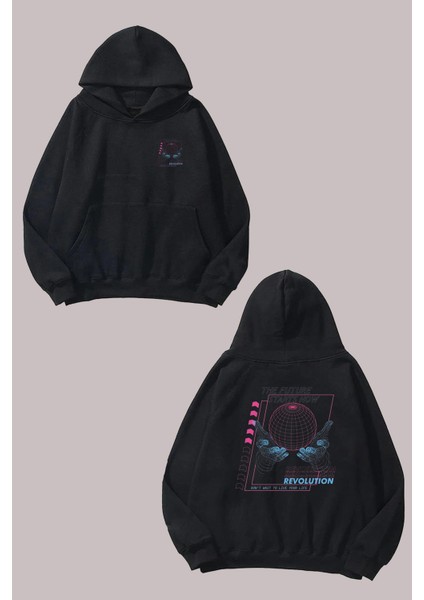Unisex The Future Starts Now Tasarım Ön Arka Baskılı Normal Kalıp Siyah Sweatshirt