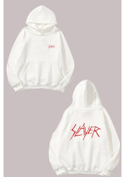 Unisex Slayer Red Logo Tasarım Ön Arka Baskılı Normal Kalıp Beyaz Sweatshirt