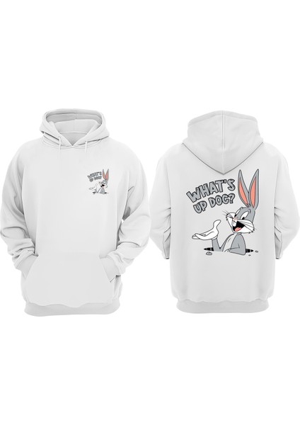 Unisex What S Up Doc Tasarım Ön Arka Baskılı Normal Kalıp Beyaz Sweatshirt