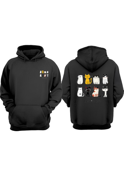 Unisex Purrfect Love Tasarım Ön Arka Baskılı Normal Kalıp Siyah Sweatshirt