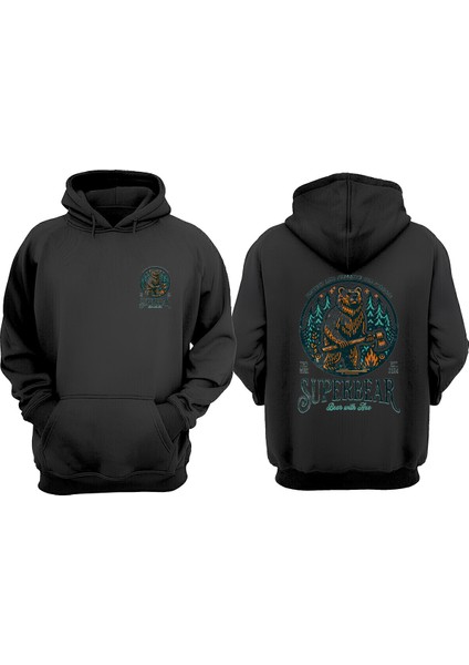Unisex Super Bear Tasarım Ön Arka Baskılı Normal Kalıp Siyah Sweatshirt