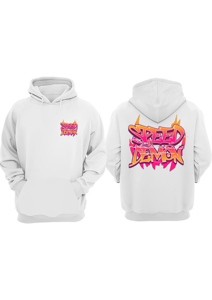 Unisex Speed Demon Tasarım Ön Arka Baskılı Normal Kalıp Beyaz Sweatshirt