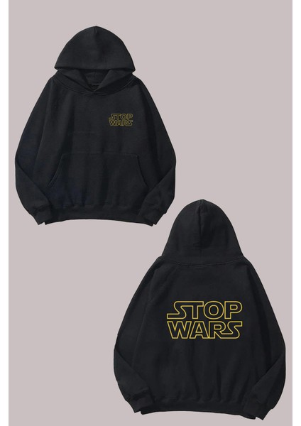 Unisex Stop Wars Tasarım Ön Arka Baskılı Normal Kalıp Siyah Sweatshirt