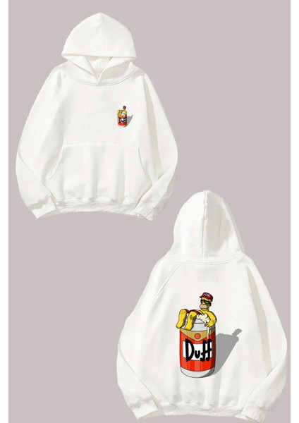 Unisex Simson Duff Fıçı Tasarım Ön Arka Baskılı Normal Kalıp Beyaz Sweatshirt