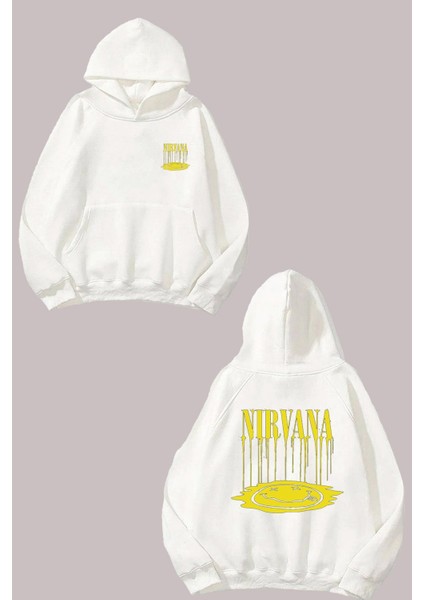 Unisex Nirvana Eriyen Yüz Tasarım Ön Arka Baskılı Normal Kalıp Beyaz Sweatshirt