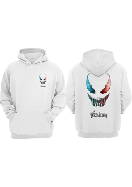 Unisex Venom Face Bule And Red Tasarım Ön Arka Baskılı Normal Kalıp Beyaz Sweatshirt