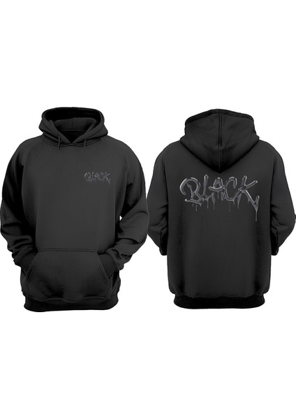 Unisex Black Su Cizim Tasarım Ön Arka Baskılı Normal Kalıp Siyah Sweatshirt