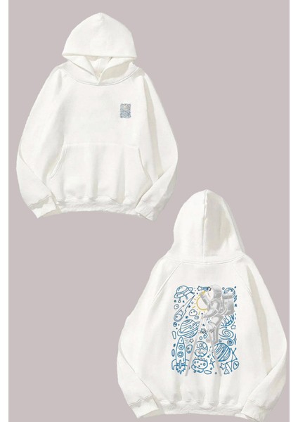 Unisex Space Doodle Astronot Tasarım Ön Arka Baskılı Normal Kalıp Beyaz Sweatshirt