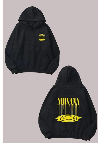 Unisex Nirvana Eriyen Yüz Tasarım Ön Arka Baskılı Normal Kalıp Siyah Sweatshirt