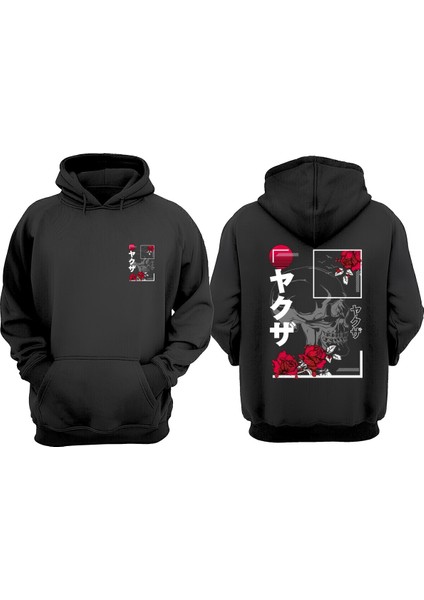Unisex Japone Gül ve Kafa Tasarım Ön Arka Baskılı Normal Kalıp Siyah Sweatshirt