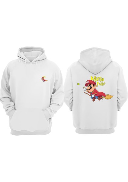Unisex Mario Potter Tasarım Ön Arka Baskılı Normal Kalıp Beyaz Sweatshirt