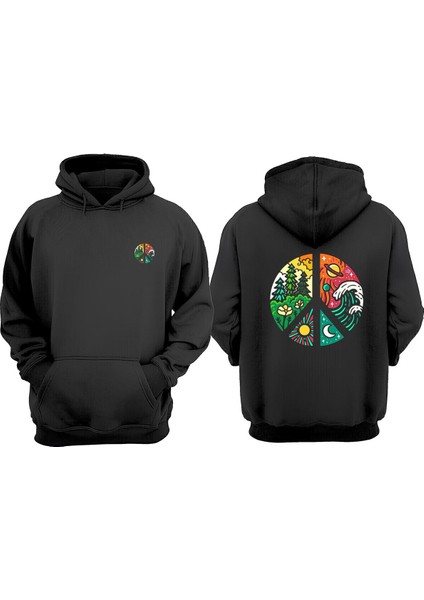 Unisex Peace Love Dope Tasarım Ön Arka Baskılı Normal Kalıp Siyah Sweatshirt