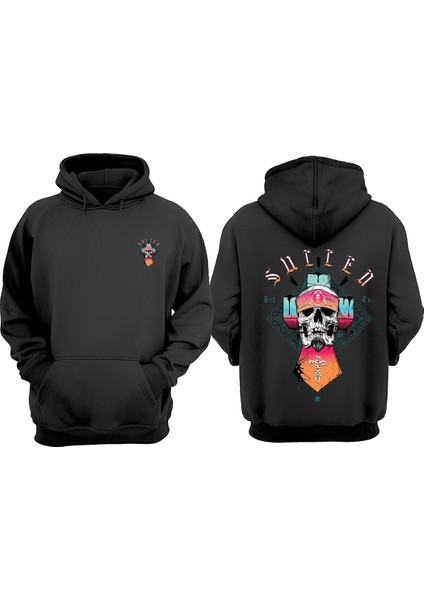 Unisex Sullen Iskelet Kafası Tasarım Ön Arka Baskılı Normal Kalıp Siyah Sweatshirt