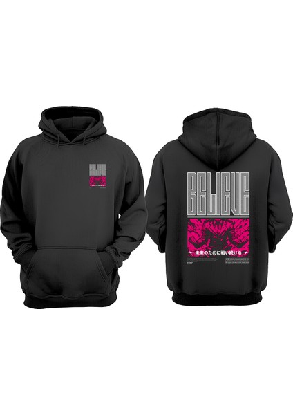 Unisex Anime Believe Tasarım Ön Arka Baskılı Normal Kalıp Siyah Sweatshirt