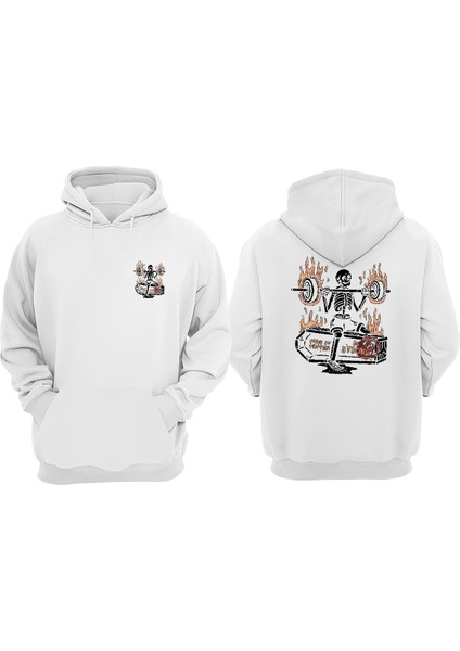 Unisex Alevlı Spor Yapan Iskelet Tasarım Ön Arka Baskılı Normal Kalıp Beyaz Sweatshirt
