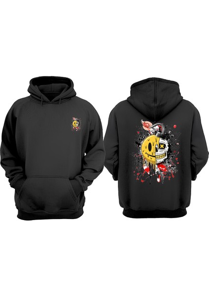 Unisex Gülen Bomba Tasarım Ön Arka Baskılı Normal Kalıp Siyah Sweatshirt
