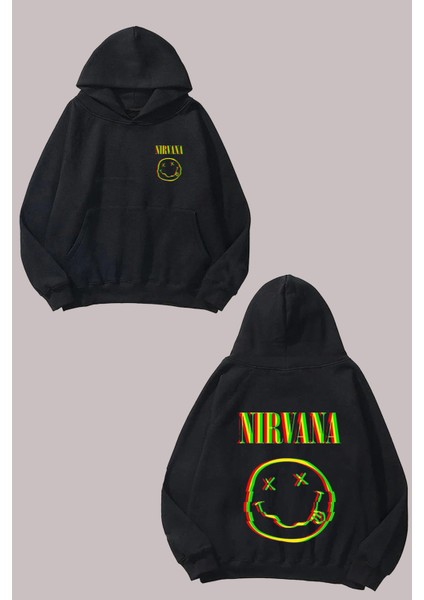 Unisex Nirvana Exe Face Tasarım Ön Arka Baskılı Normal Kalıp Siyah Sweatshirt