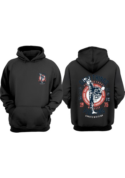 Unisex Karate Division Tasarım Ön Arka Baskılı Normal Kalıp Siyah Sweatshirt