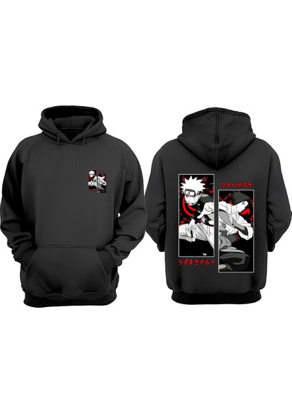 Unisex Naruto Sasuke Tasarım Ön Arka Baskılı Normal Kalıp Siyah Sweatshirt