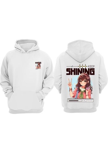 Unisex Cute Anime Girl Tasarım Ön Arka Baskılı Normal Kalıp Beyaz Sweatshirt