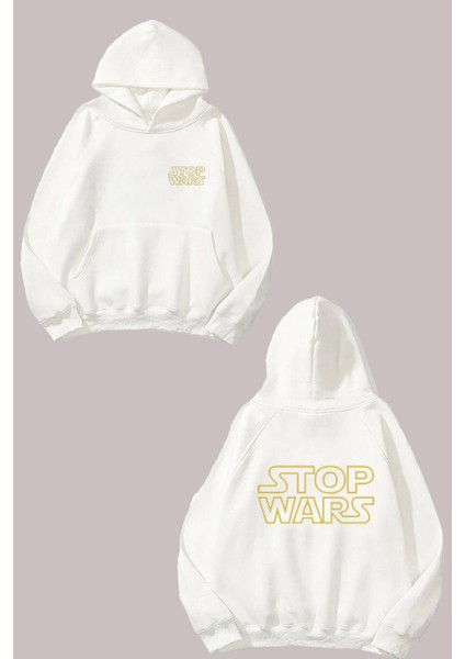 Unisex Stop Wars Tasarım Ön Arka Baskılı Normal Kalıp Beyaz Sweatshirt