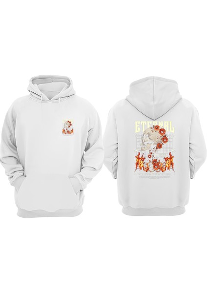 Unisex Eternal Kuru Kafa Tasarım Ön Arka Baskılı Normal Kalıp Beyaz Sweatshirt