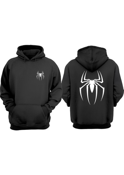Unisex Örümcek Spider Çizim Tasarım Ön Arka Baskılı Normal Kalıp Siyah Sweatshirt