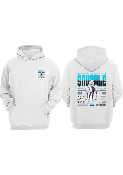 Unisex Beyaz ve Siyah Anıme Tasarım Ön Arka Baskılı Normal Kalıp Beyaz Sweatshirt