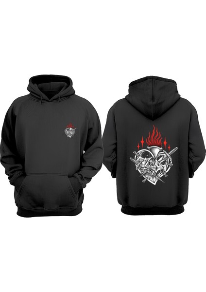 Unisex Kalbın Ustunde Yanan Meşale Tasarım Ön Arka Baskılı Normal Kalıp Siyah Sweatshirt