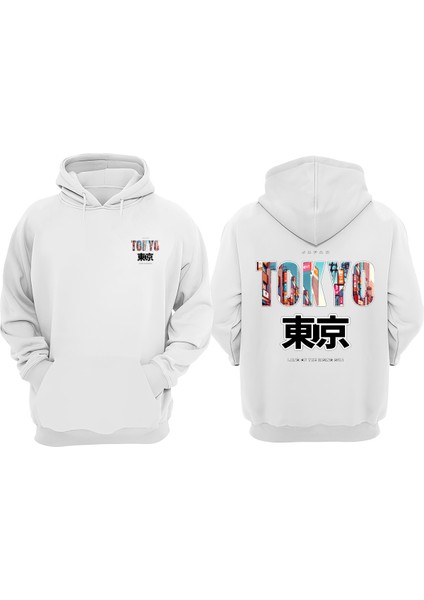 Unisex Japan Tokyo Land Tasarım Ön Arka Baskılı Normal Kalıp Beyaz Sweatshirt