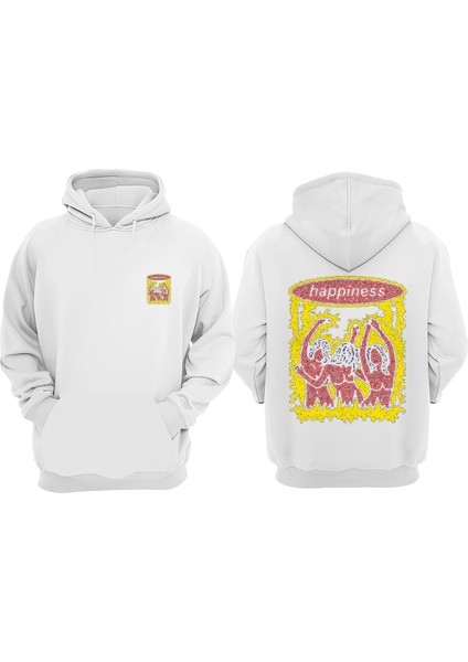 Unisex Happiness Tasarım Ön Arka Baskılı Normal Kalıp Beyaz Sweatshirt