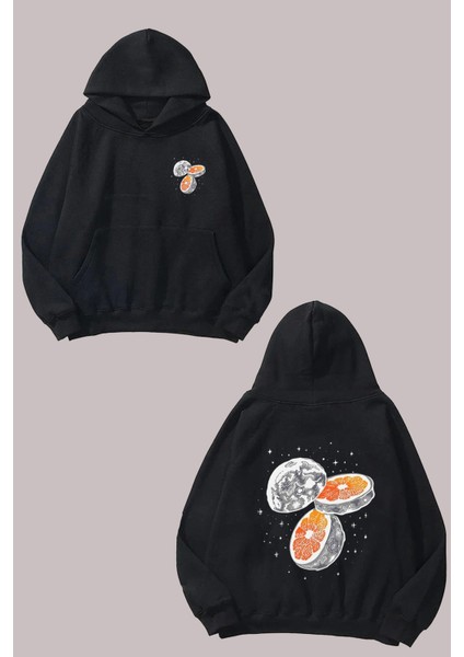 Unisex Portakal Ay Tasarım Ön Arka Baskılı Normal Kalıp Siyah Sweatshirt