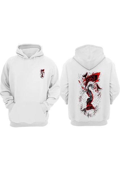 Unisex Anime Erkek Karakter Red Tasarım Ön Arka Baskılı Normal Kalıp Beyaz Sweatshirt