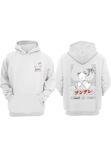 Unisex Tsundere Tasarım Ön Arka Baskılı Normal Kalıp Beyaz Sweatshirt