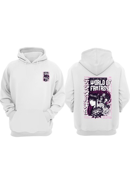 Unisex World Of Fantasy Tasarım Ön Arka Baskılı Normal Kalıp Beyaz Sweatshirt