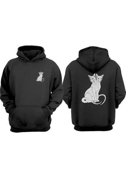 Unisex 2 Baslı Kedi Tasarım Ön Arka Baskılı Normal Kalıp Siyah Sweatshirt