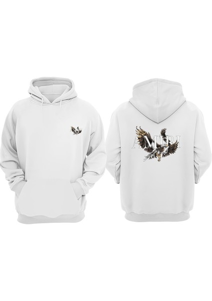 Unisex Kartal Amiri Tasarım Ön Arka Baskılı Normal Kalıp Beyaz Sweatshirt
