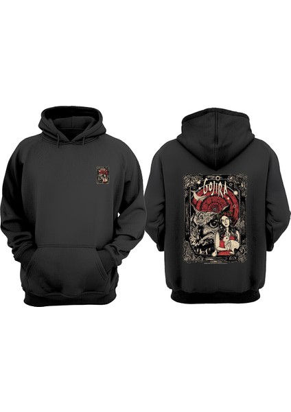 Unisex Gojıra Baykuş ve Tavşan Tasarım Ön Arka Baskılı Normal Kalıp Siyah Sweatshirt