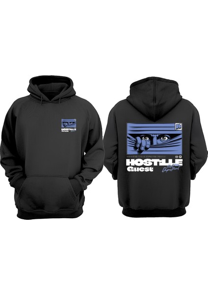 Unisex Hostille Quest Tasarım Ön Arka Baskılı Normal Kalıp Siyah Sweatshirt