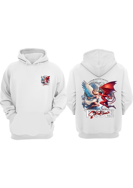 Unisex True Love Tasarım Ön Arka Baskılı Normal Kalıp Beyaz Sweatshirt