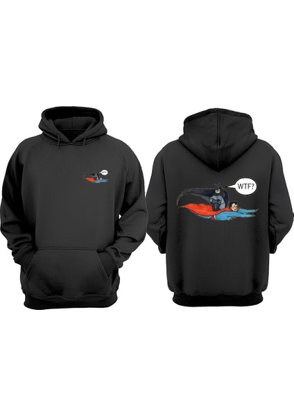Unisex Batman Superman Tasarım Ön Arka Baskılı Normal Kalıp Siyah Sweatshirt