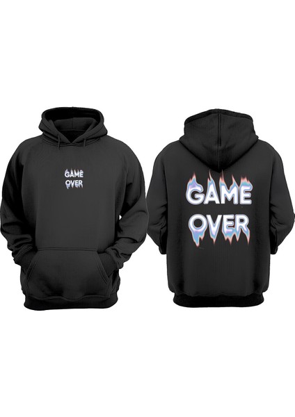 Unisex Game Over Tasarım Ön Arka Baskılı Normal Kalıp Siyah Sweatshirt