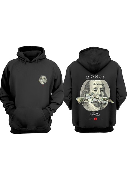 Unisex Money Talks Tasarım Ön Arka Baskılı Normal Kalıp Siyah Sweatshirt