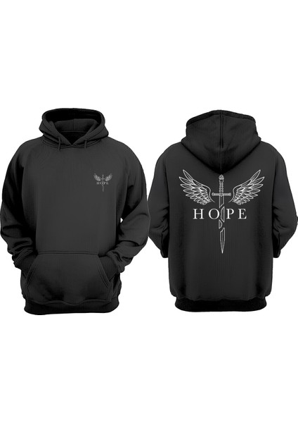 Unisex Hope Kanat Tasarım Ön Arka Baskılı Normal Kalıp Siyah Sweatshirt