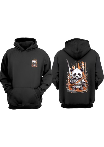 Unisex Japone Panda Tasarım Ön Arka Baskılı Normal Kalıp Siyah Sweatshirt
