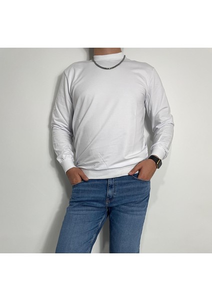 Erkek Bisiklet Yaka Sweatshirt Beyaz