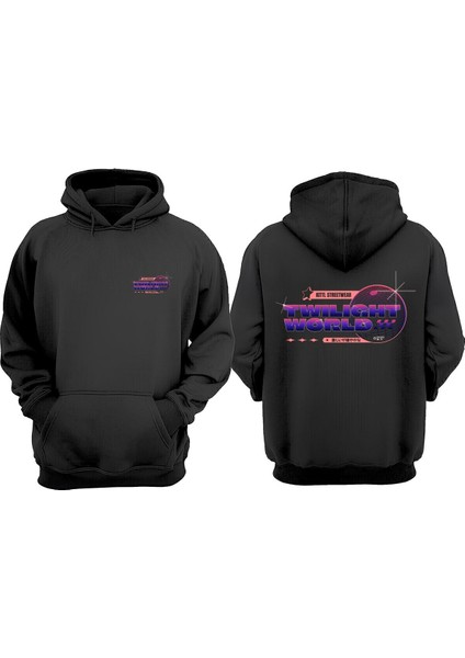 Unisex Twilight World Tasarım Ön Arka Baskılı Normal Kalıp Siyah Sweatshirt